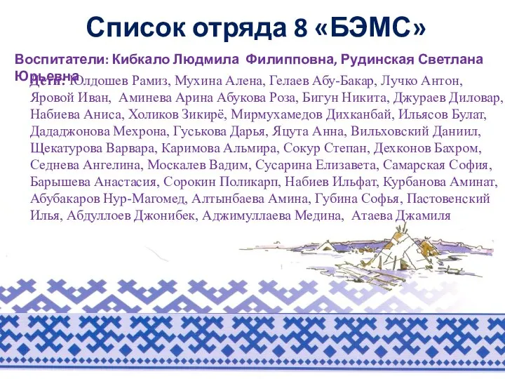 Список отряда 8 «БЭМС» Воспитатели: Кибкало Людмила Филипповна, Рудинская Светлана Юрьевна