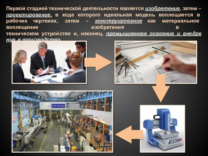 Первой стадией технической деятельности является изобретение, затем – проектирование, в ходе