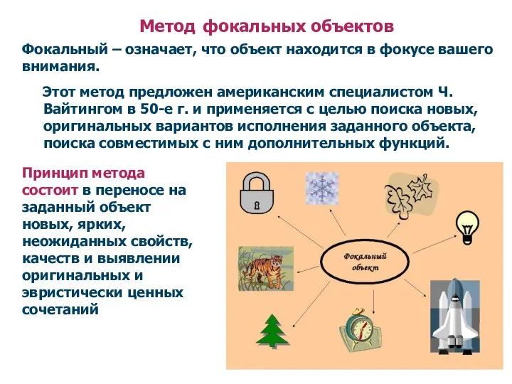 Метод фокальных объектов Этот метод предложен американским специалистом Ч. Вайтингом в