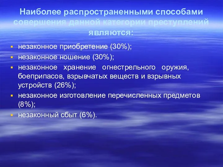 Наиболее распространенными способами совершения данной категории преступлений являются: незаконное приобретение (30%);