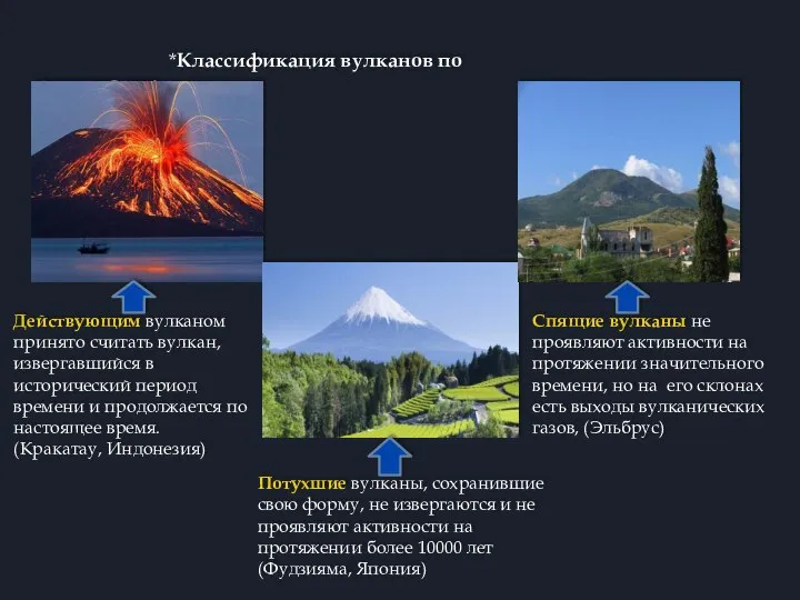 *Классификация вулканов по активности: Действующим вулканом принято считать вулкан, извергавшийся в