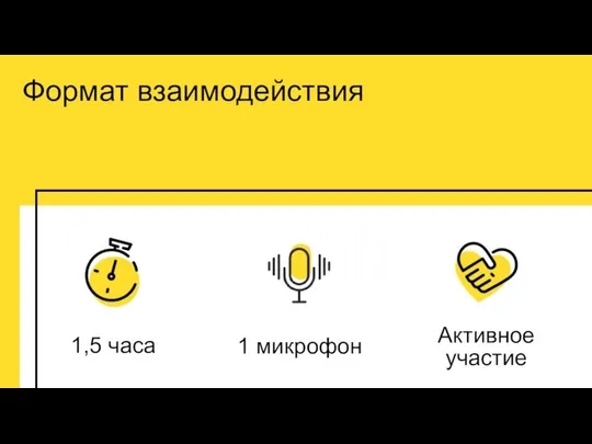 Формат взаимодействия 1 микрофон Активное участие 1,5 часа