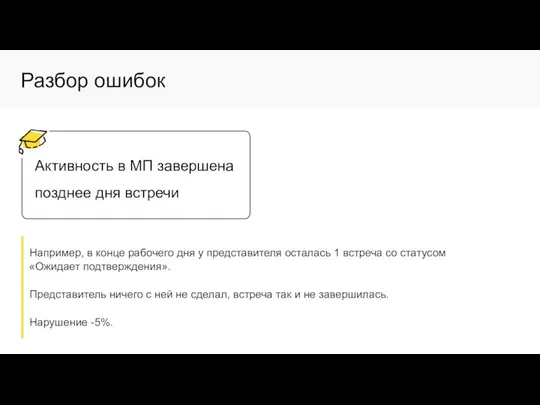 Разбор ошибок Активность в МП завершена позднее дня встречи Например, в