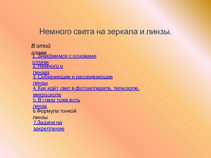 Немного света на зеркала и линзы. В этой главе… 1. Знакомимся