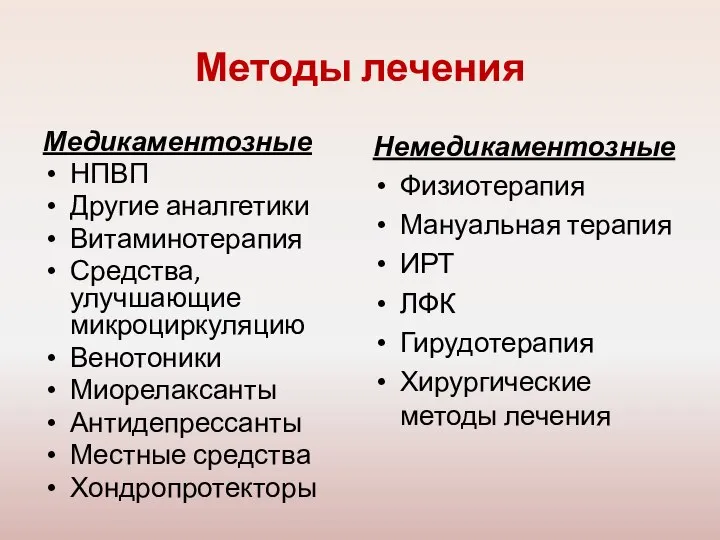 Методы лечения Медикаментозные НПВП Другие аналгетики Витаминотерапия Средства, улучшающие микроциркуляцию Венотоники