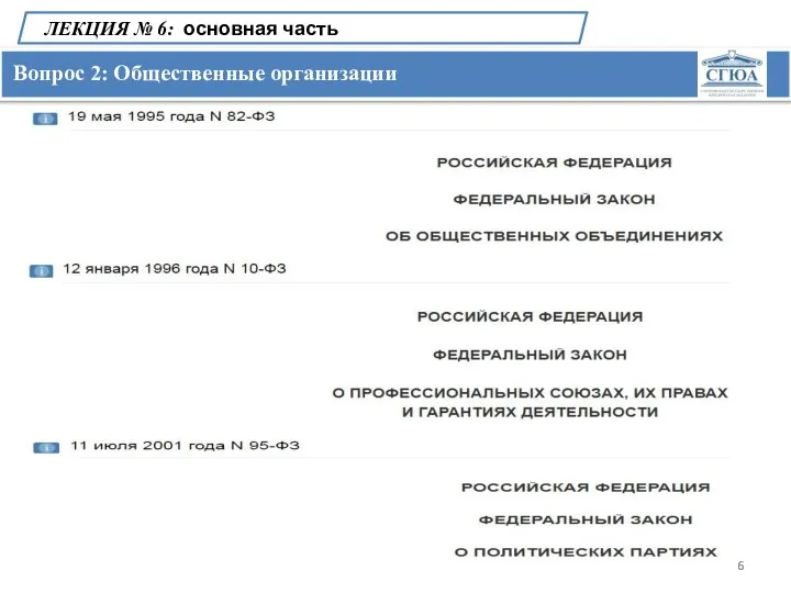 Вопрос 2: Общественные организации ЛЕКЦИЯ № 6: основная часть