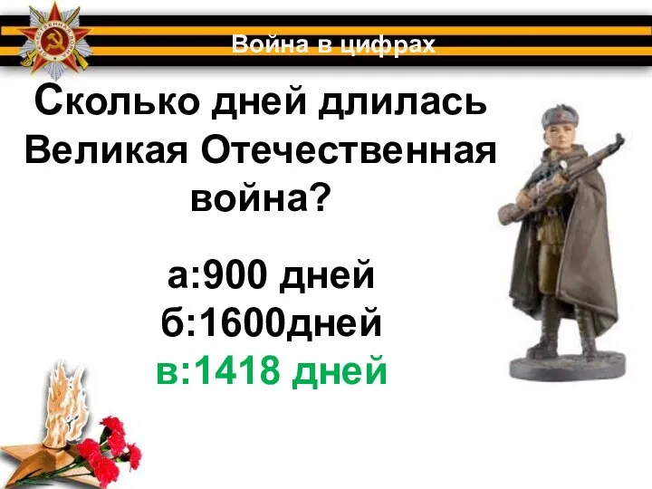 Сколько дней длилась Великая Отечественная война? Война в цифрах а:900 дней б:1600дней в:1418 дней