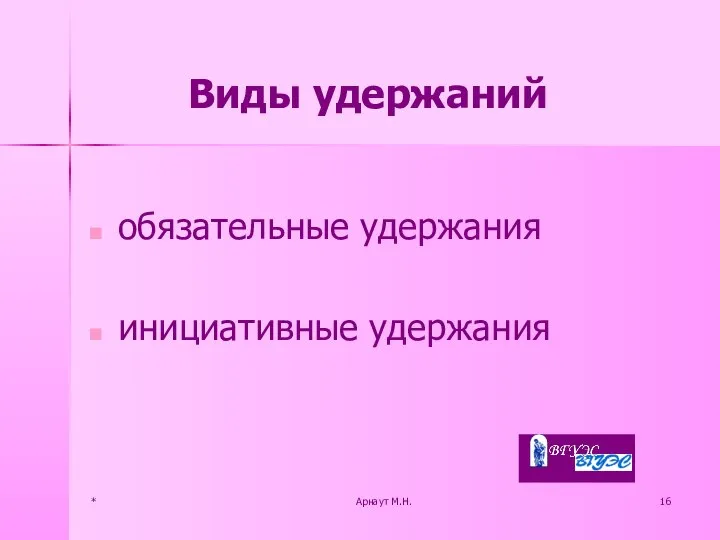 * Арнаут М.Н. Виды удержаний обязательные удержания инициативные удержания