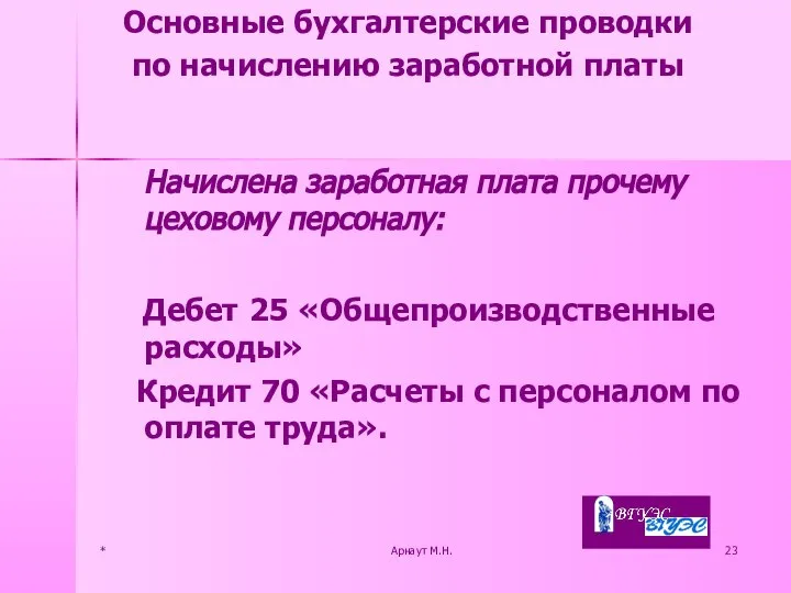 * Арнаут М.Н. Начислена заработная плата прочему цеховому персоналу: Дебет 25