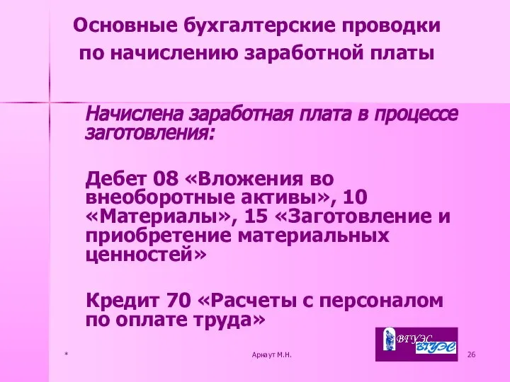 * Арнаут М.Н. Начислена заработная плата в процессе заготовления: Дебет 08