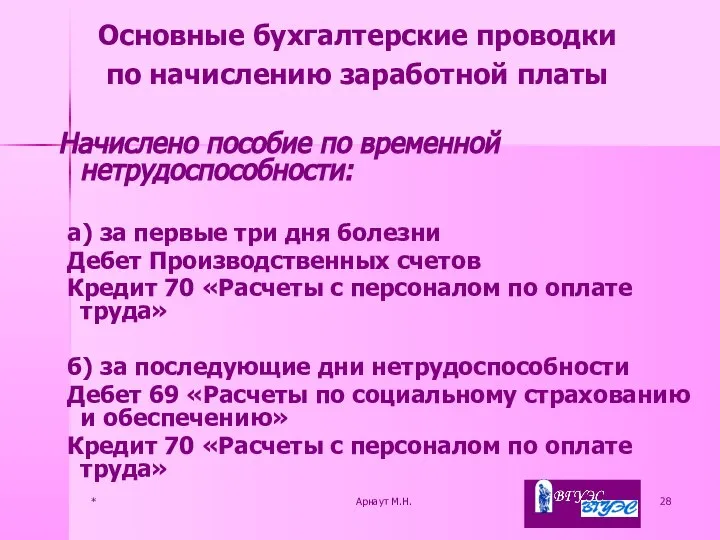 * Арнаут М.Н. Начислено пособие по временной нетрудоспособности: а) за первые