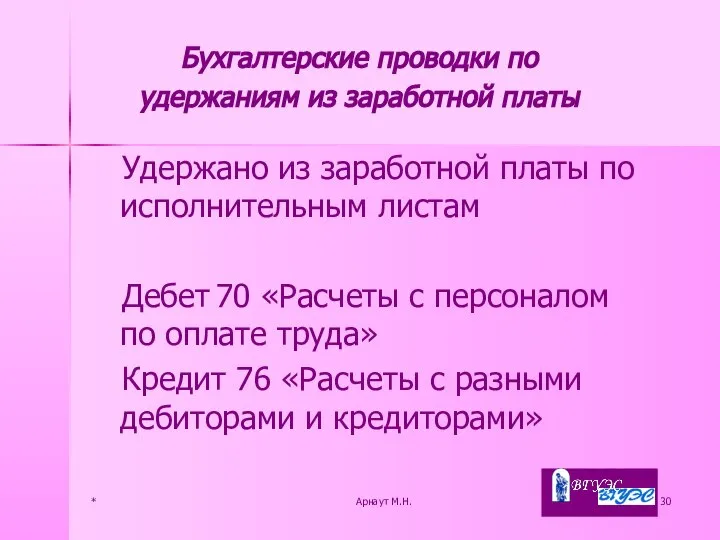 * Арнаут М.Н. Удержано из заработной платы по исполнительным листам Дебет