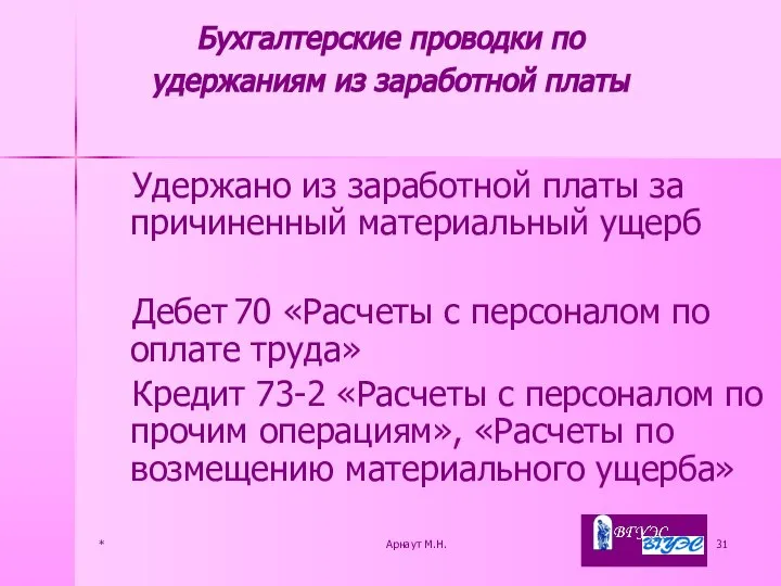 * Арнаут М.Н. Удержано из заработной платы за причиненный материальный ущерб