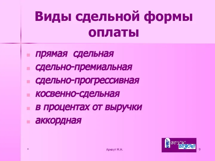 * Арнаут М.Н. Виды сдельной формы оплаты прямая сдельная сдельно-премиальная сдельно-прогрессивная