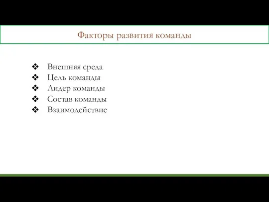 Факторы развития команды Внешняя среда Цель команды Лидер команды Состав команды Взаимодействие