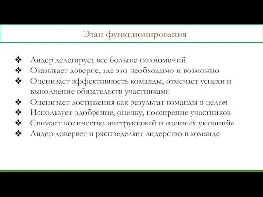 Этап функционирования Лидер делегирует все больше полномочий Оказывает доверие, где это