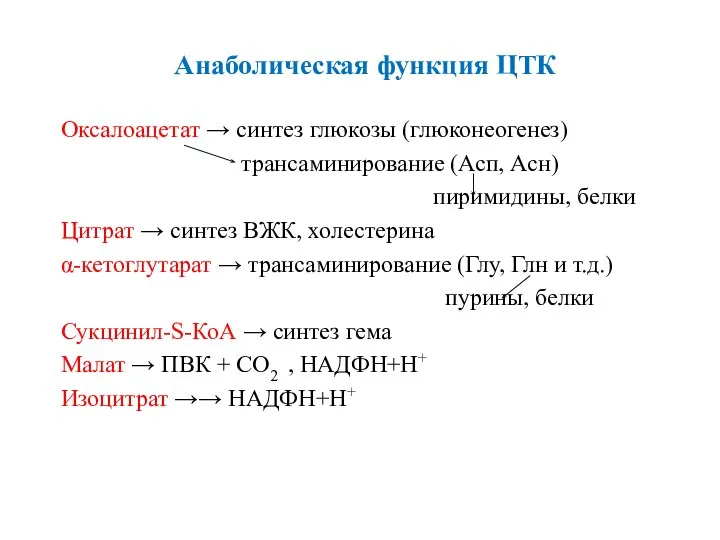 Анаболическая функция ЦТК Оксалоацетат → синтез глюкозы (глюконеогенез) трансаминирование (Асп, Асн)