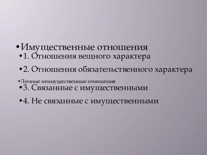 Имущественные отношения 1. Отношения вещного характера 2. Отношения обязательственного характера Личные