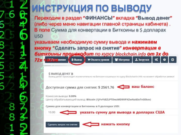 ИНСТРУКЦИЯ ПО ВЫВОДУ Переходим в раздел “ФИНАНСЫ” вкладка “Вывод денег” (либо