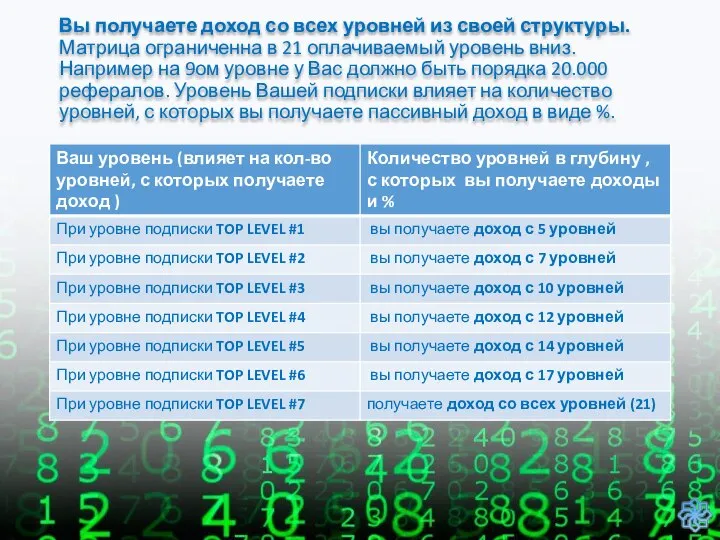 Вы получаете доход со всех уровней из своей структуры. Матрица ограниченна