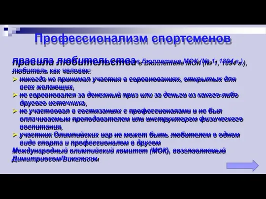 Профессионализм спортсменов правила любительствав Бюллетене МОК (№ 1, 1894 г.), любитель