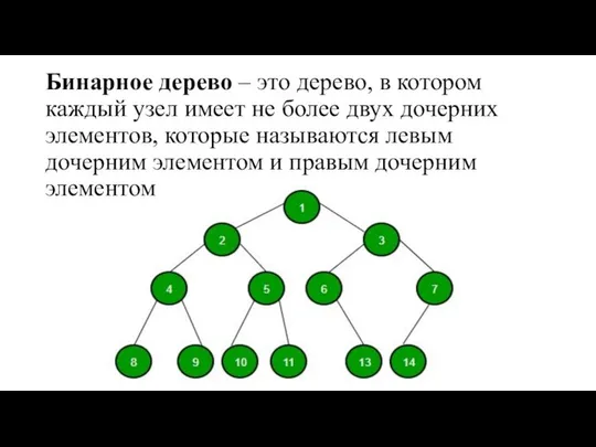 Бинарное дерево – это дерево, в котором каждый узел имеет не