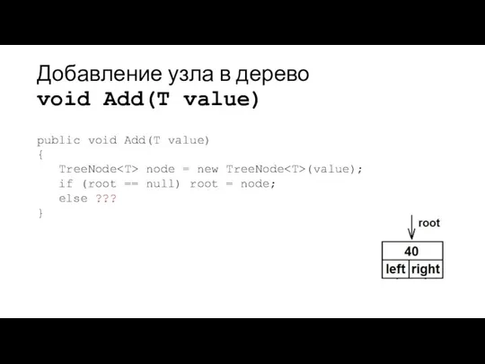 Добавление узла в дерево void Add(T value) public void Add(T value)