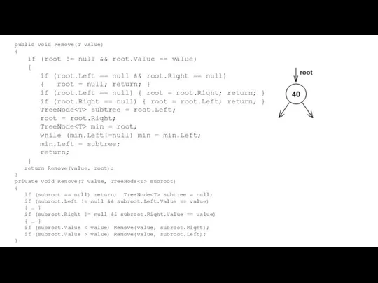 public void Remove(T value) { if (root != null && root.Value