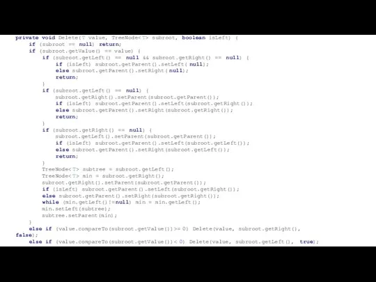 private void Delete(T value, TreeNode subroot, boolean isLeft) { if (subroot