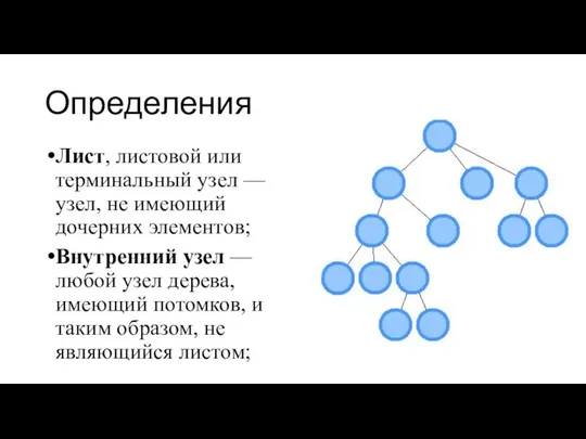 Определения Лист, листовой или терминальный узел — узел, не имеющий дочерних