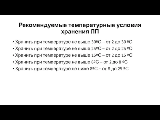 Рекомендуемые температурные условия хранения ЛП Хранить при температуре не выше 30ºС