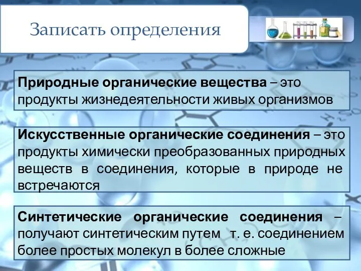 Записать определения Природные органические вещества – это продукты жизнедеятельности живых организмов