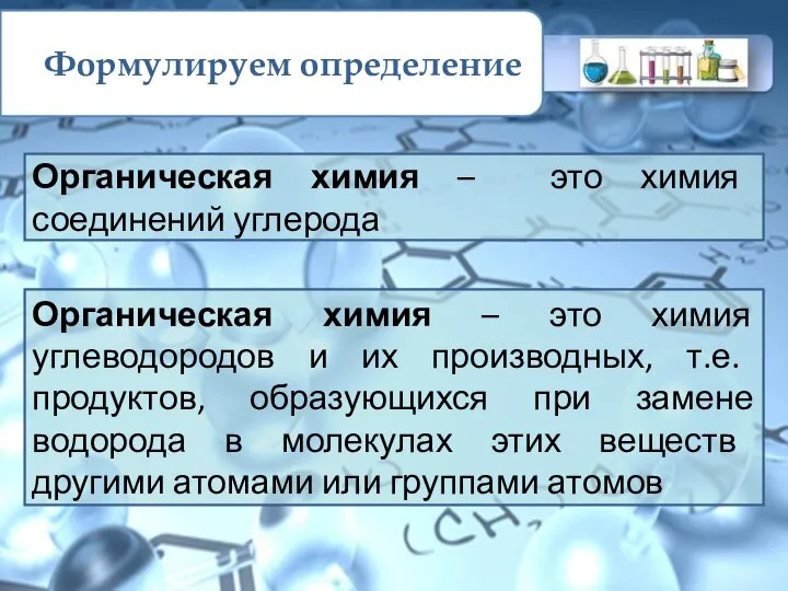 Формулируем определение Органическая химия – это химия соединений углерода Органическая химия