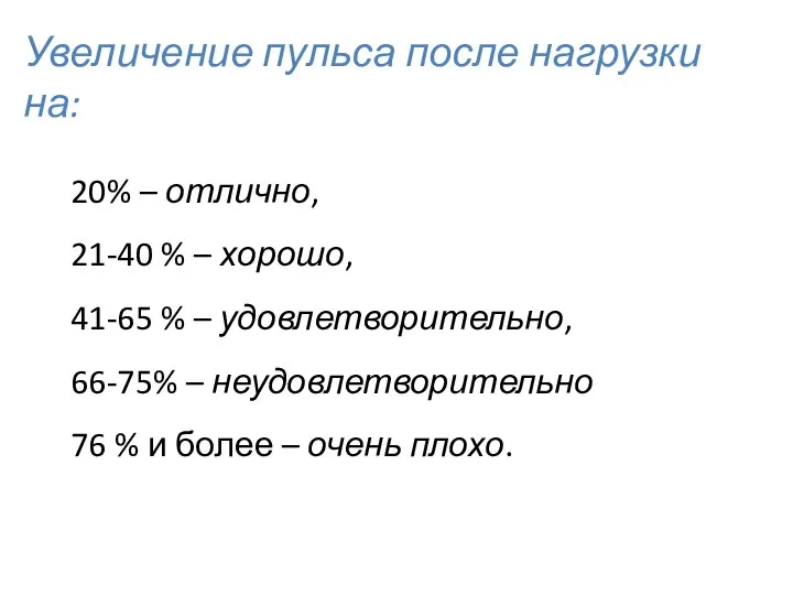 Увеличение пульса после нагрузки на: 20% – отлично, 21-40 % –