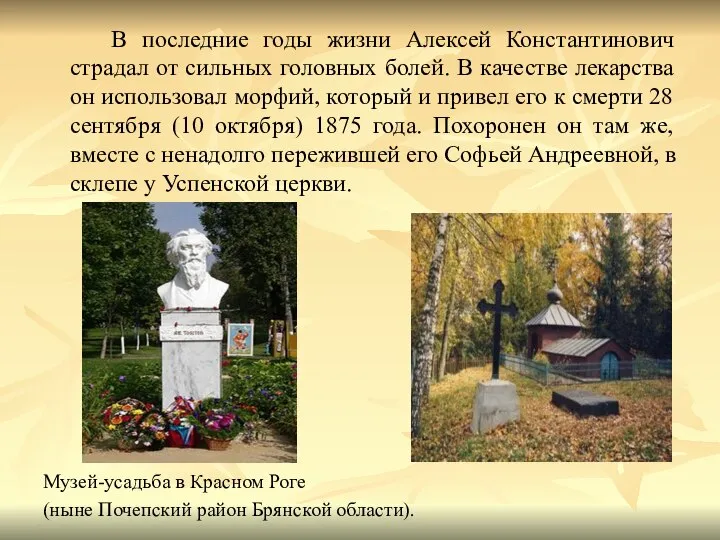 В последние годы жизни Алексей Константинович страдал от сильных головных болей.