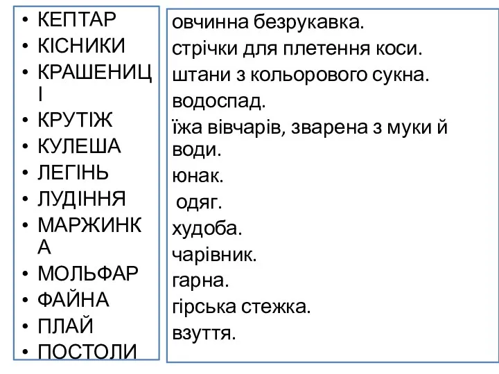 КЕПТАР КІСНИКИ КРАШЕНИЦІ КРУТІЖ КУЛЕША ЛЕГІНЬ ЛУДІННЯ МАРЖИНКА МОЛЬФАР ФАЙНА ПЛАЙ