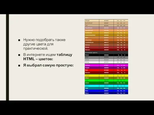 Нужно подобрать также другие цвета для практической. В интернете ищем таблицу