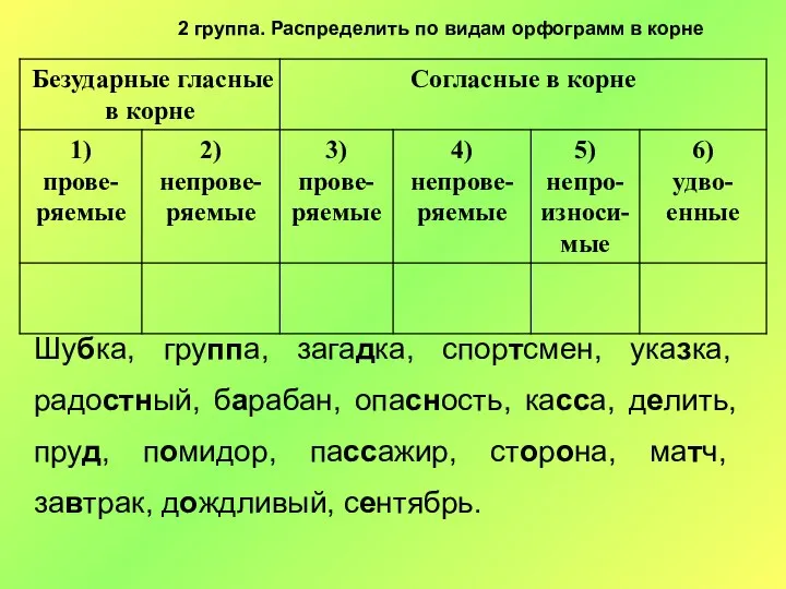 Шубка, группа, загадка, спортсмен, указка, радостный, барабан, опасность, касса, делить, пруд,