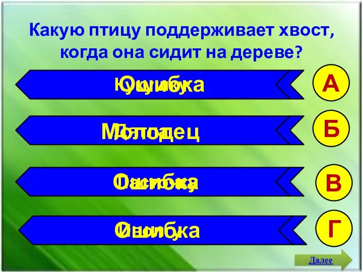 Какую птицу поддерживает хвост, когда она сидит на дереве? А Б