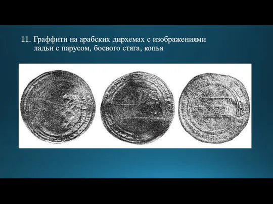 11. Граффити на арабских дирхемах с изображениями ладьи с парусом, боевого стяга, копья