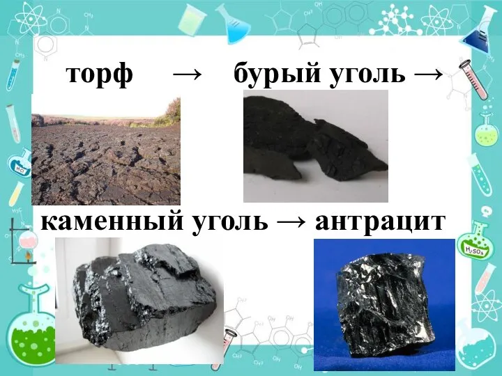 торф → бурый уголь → каменный уголь → антрацит