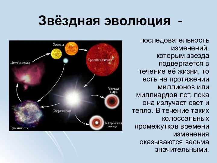 Звёздная эволюция - последовательность изменений, которым звезда подвергается в течение её