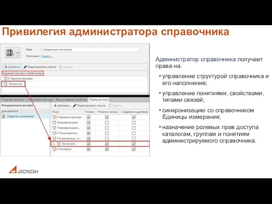 Привилегия администратора справочника Администратор справочника получает права на: управление структурой справочника