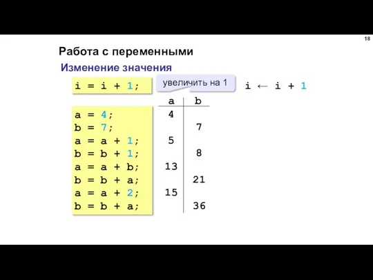 Работа с переменными Изменение значения i = i + 1; увеличить