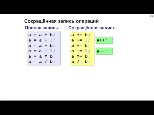 Сокращённая запись операций Полная запись: a = a + b; a