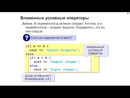 Вложенные условные операторы Задача. В переменной a записан возраст Антона, а