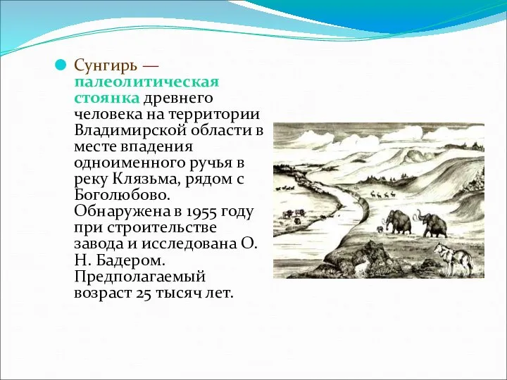 Сунгирь — палеолитическая стоянка древнего человека на территории Владимирской области в