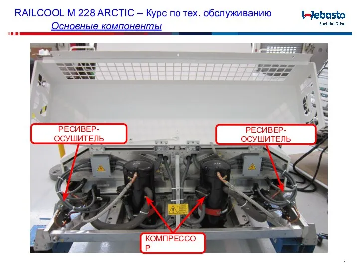 RAILCOOL M 228 ARCTIC – Курс по тех. обслуживанию Основные компоненты КОМПРЕССОР РЕСИВЕР-ОСУШИТЕЛЬ РЕСИВЕР-ОСУШИТЕЛЬ