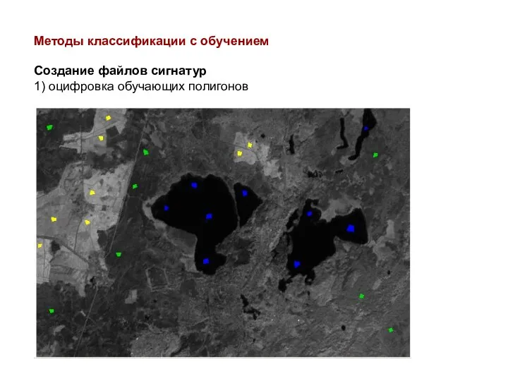 Методы классификации с обучением Создание файлов сигнатур 1) оцифровка обучающих полигонов