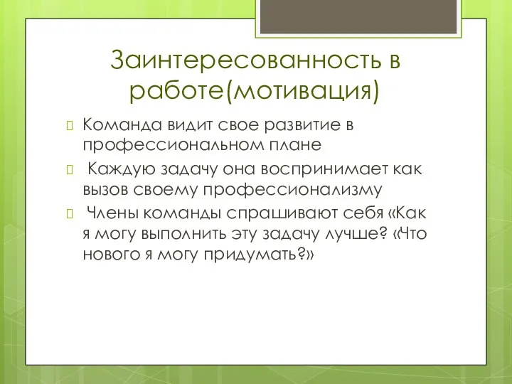 Заинтересованность в работе(мотивация) Команда видит свое развитие в профессиональном плане Каждую